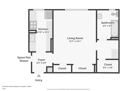 A floor plan of a one bedroom apartment with a living room, kitchen and bathroom.